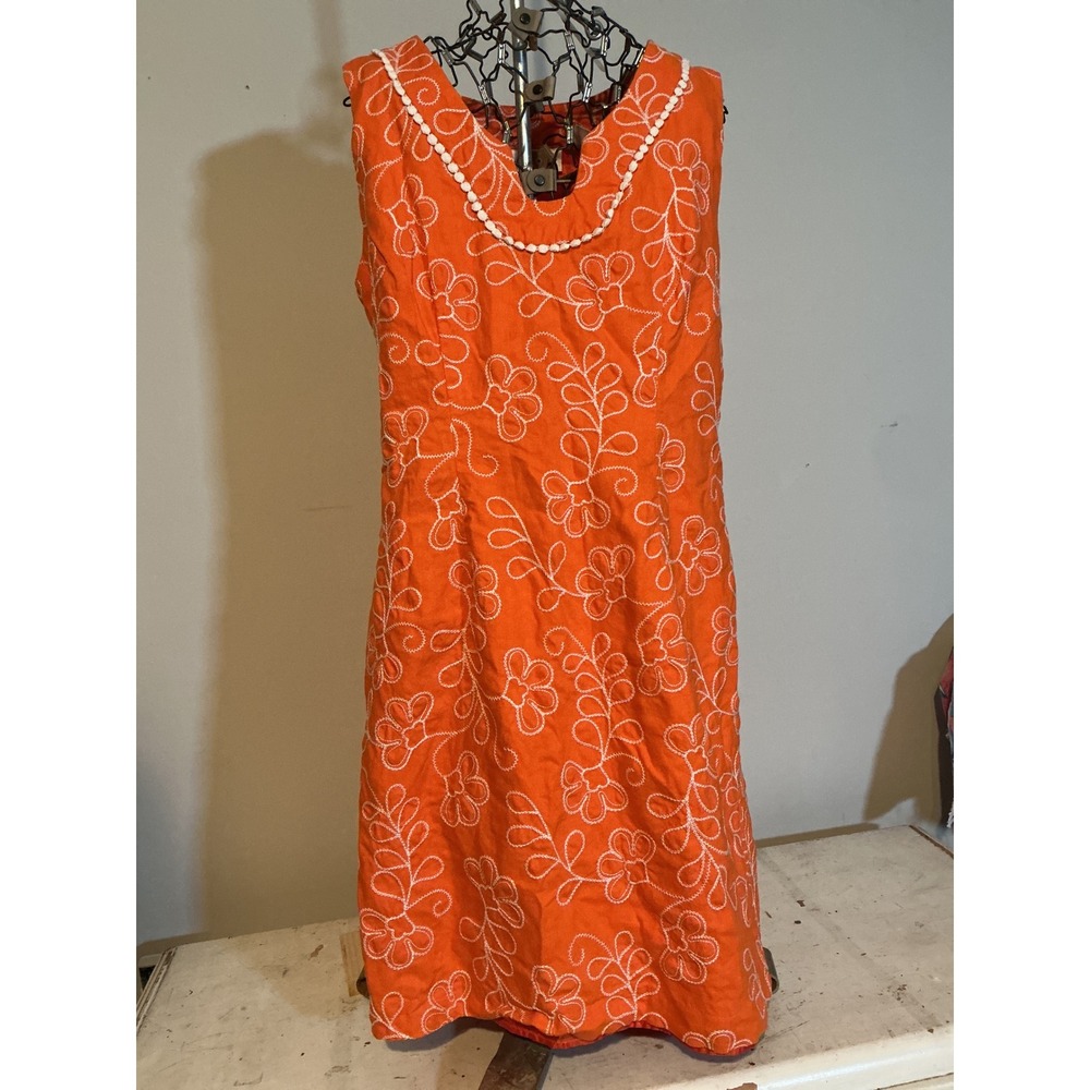 Chadwicks Orange Floral Embroidered Linen Cotton Shift Dress Size 14 Sleeveless